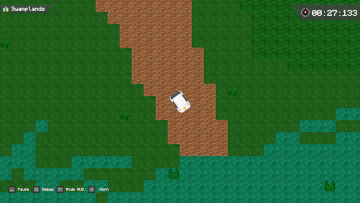 A screenshot of Hayley & Ray in the Swamplands race track, the golf cart is facing south and is about to enter water.